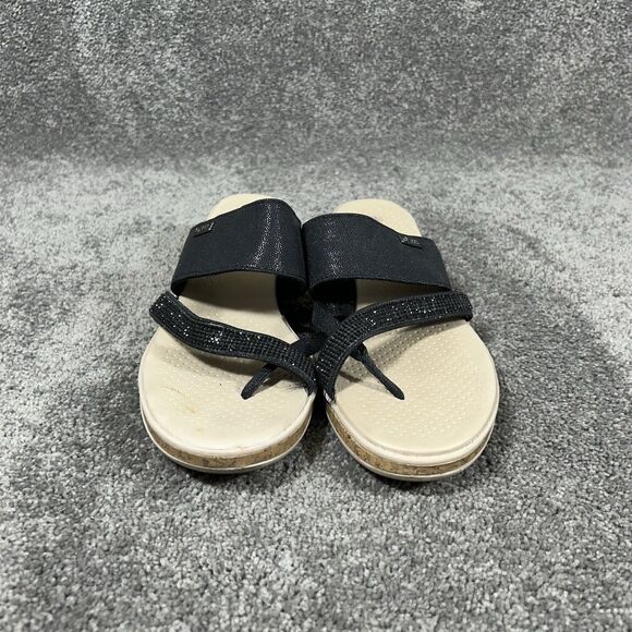 BZees Bora Bright Women's Sz 7 M Black Tan Machine Washable Thong Wedge Sandals - Picture 2 of 8